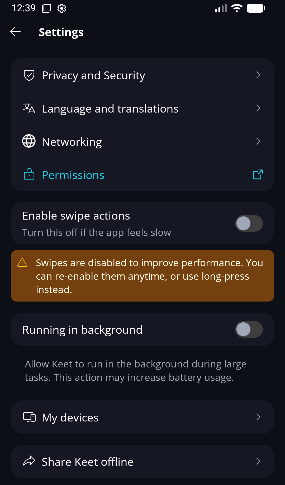Moving to the New Android APK Build · Save a copy Keet Settings screen on Android with the Share Keet offline option.